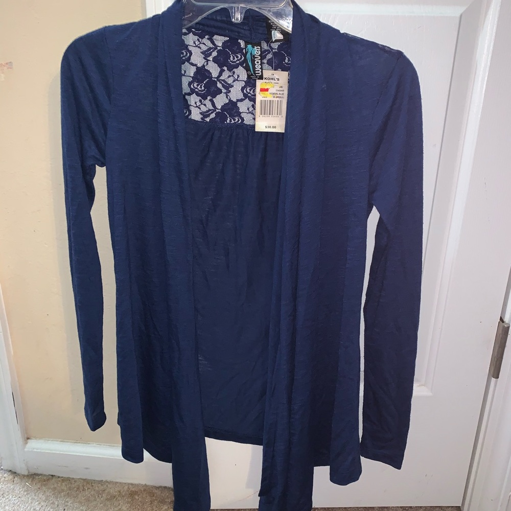 Weavers navy blue trench sweater lace xs nwt cardigan